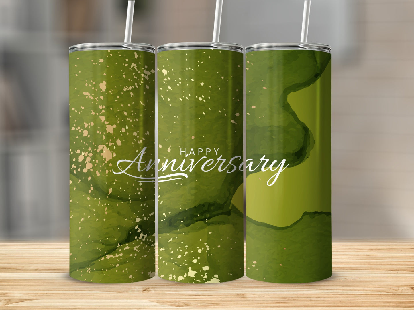 Green tumbler with "Happy Anniversary" text and gold speckles.