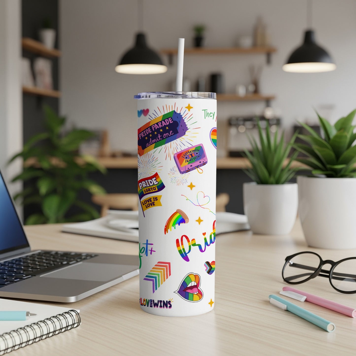 Rainbow tumbler with Pride parade, LGBTQ, and love themes.