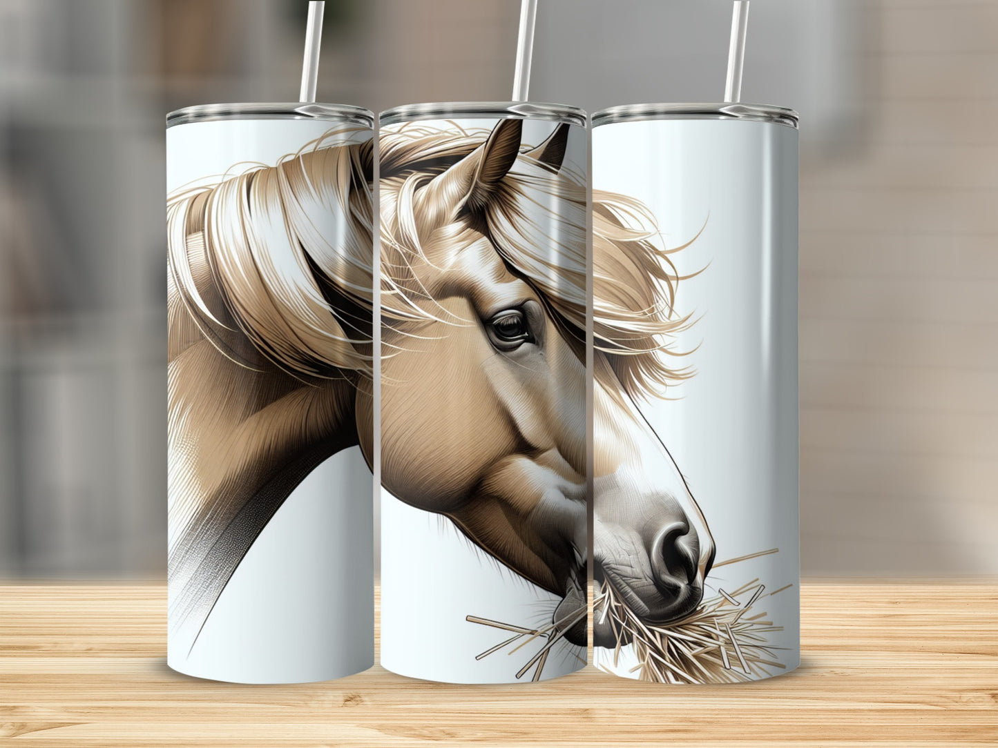 Tan horse head illustration with flowing mane on a white tumbler with straw.