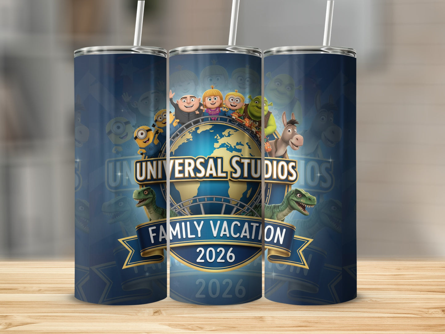 Universal Studios Family Vacation 2026 tumbler with Minions and Shrek characters.