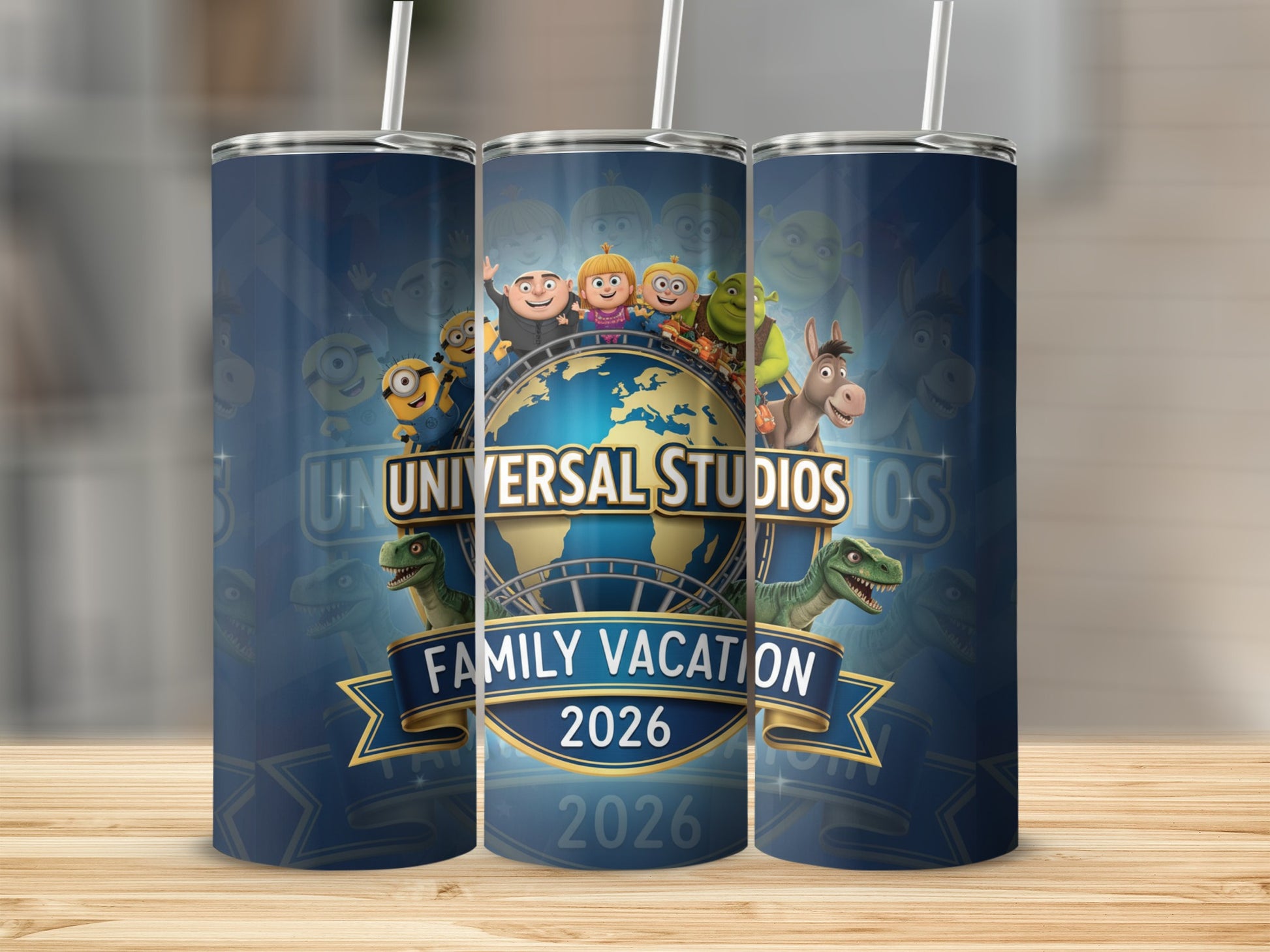 Universal Studios Family Vacation 2026 tumbler with Minions and Shrek characters.