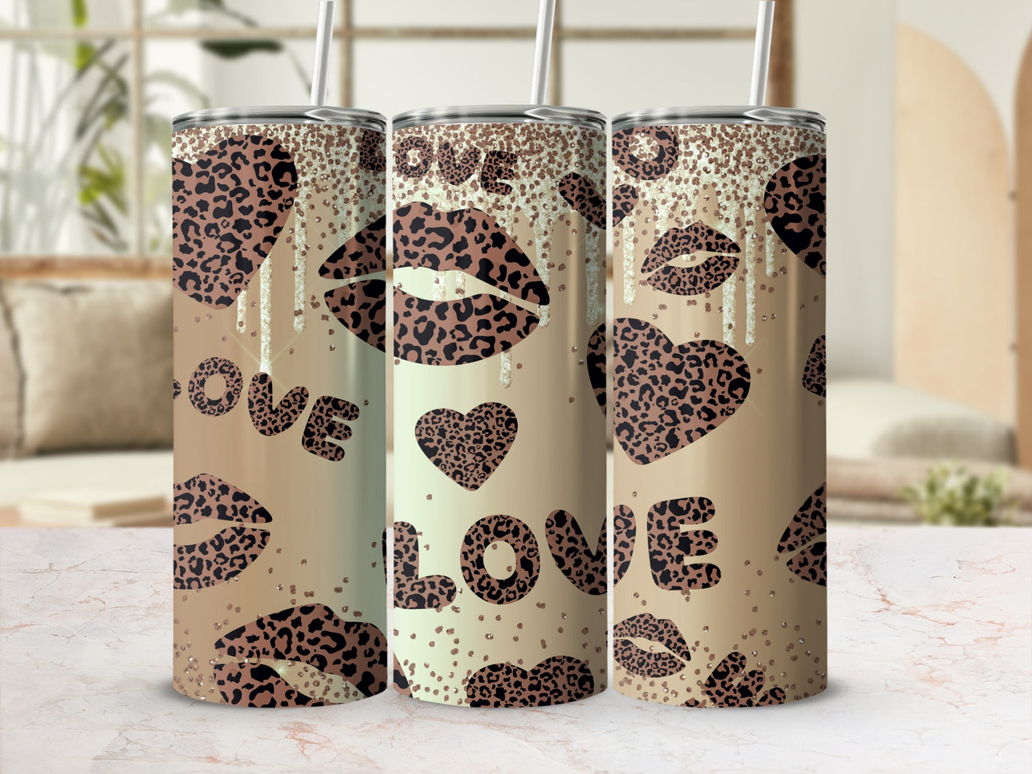 Leopard Print Love and Lips Tall Tumbler with Straw