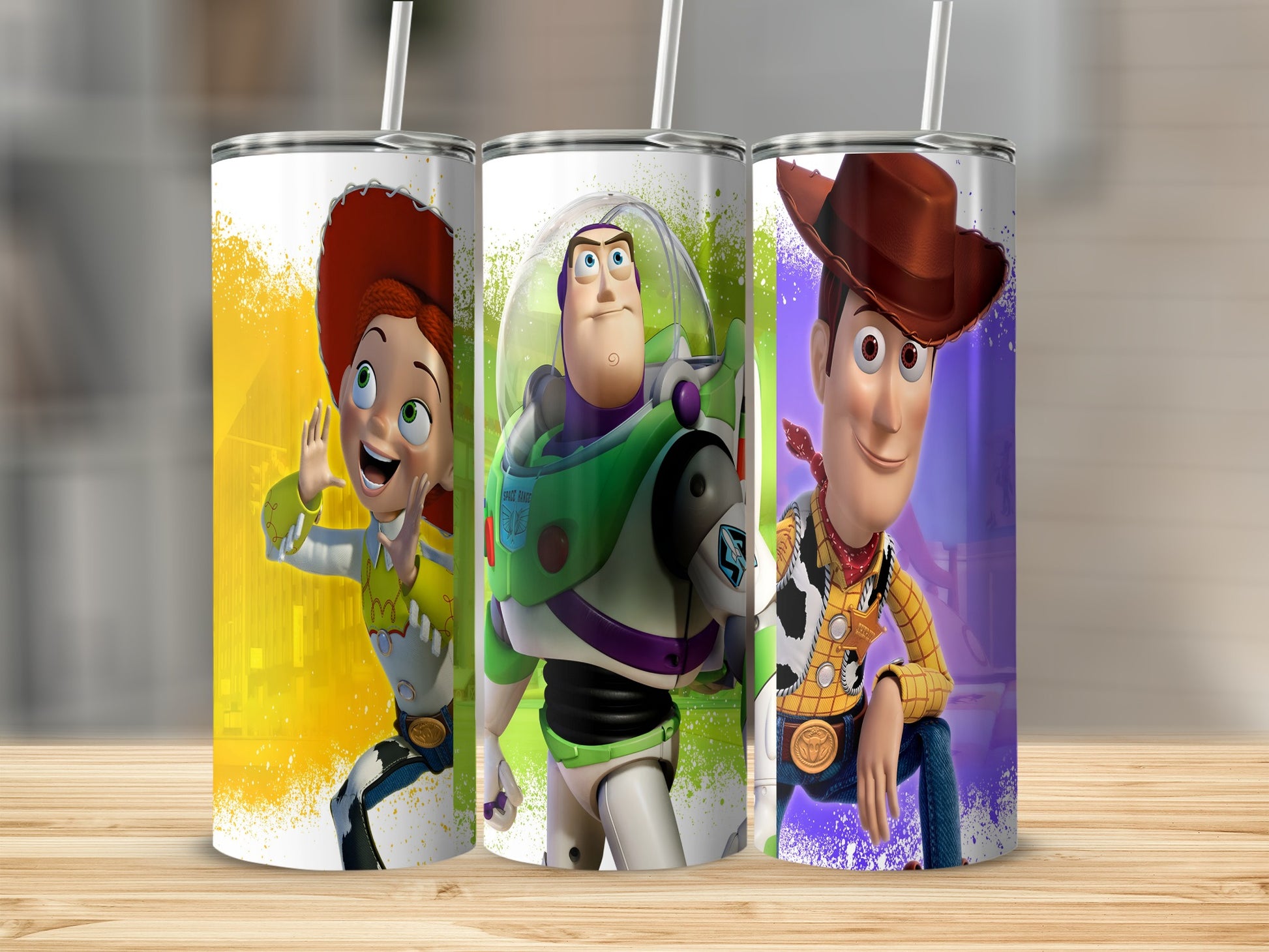 Jessie, Buzz Lightyear, and Woody from Toy Story on insulated tumblers.