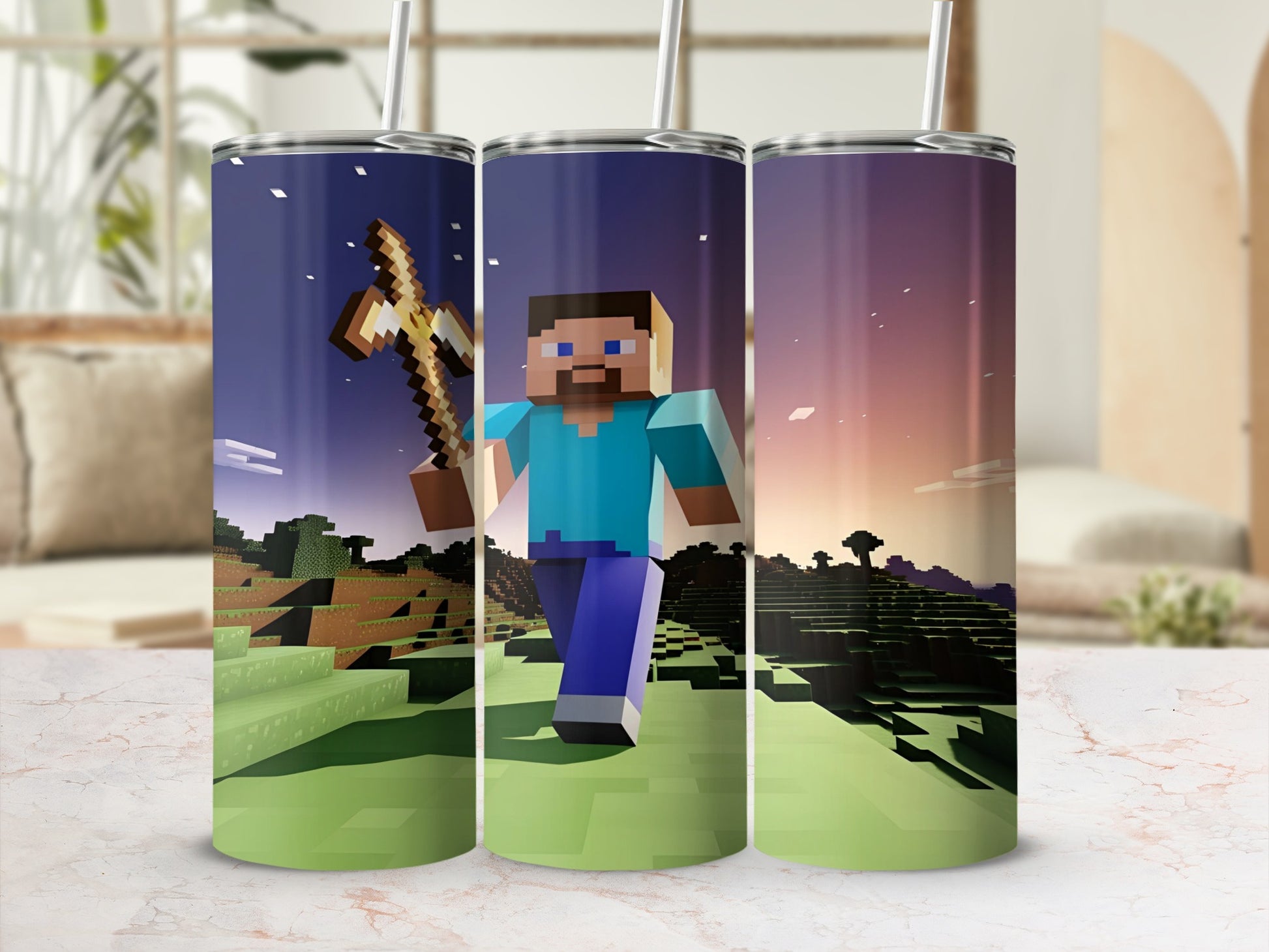 Minecraft character holding a golden sword in a blocky landscape.