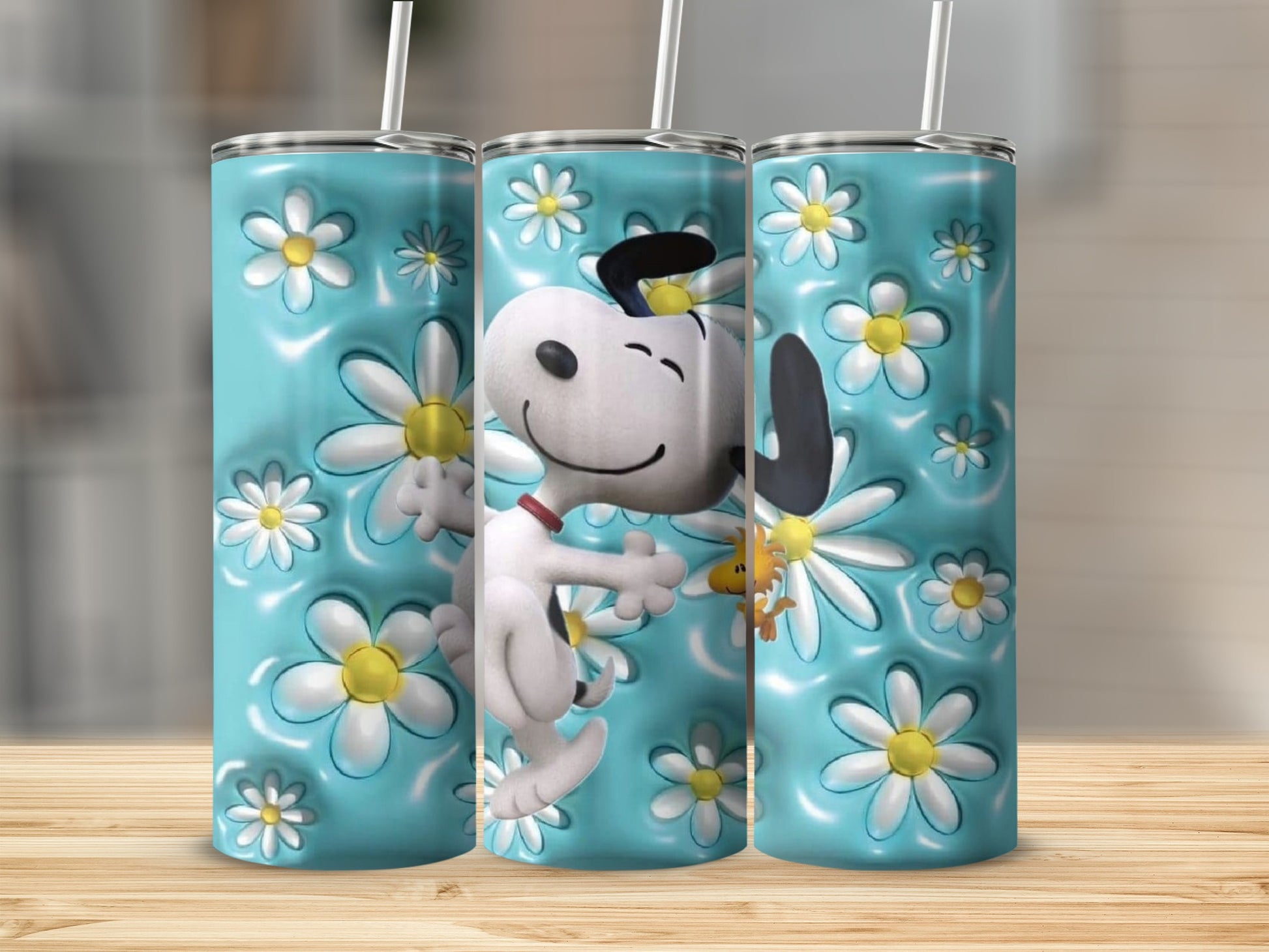 Snoopy Hugging Woodstock with Daisies Tumbler Design