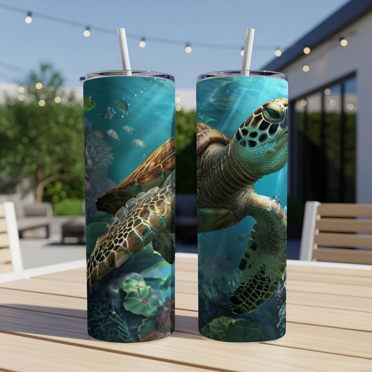 Sea turtle swimming underwater with coral and fish, on a double-sided tumbler.