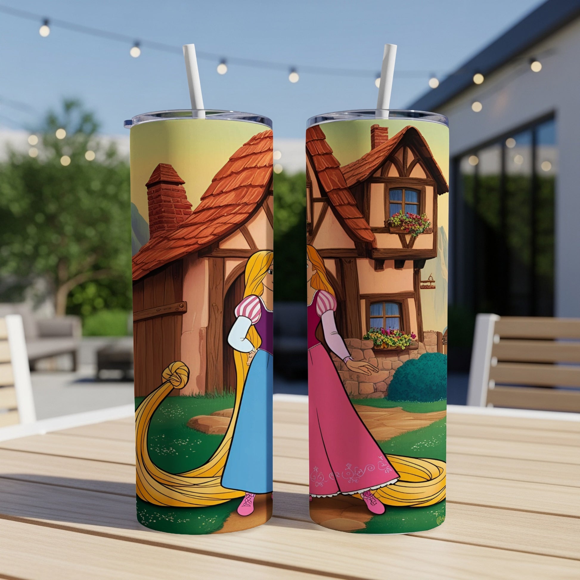 Two tall tumblers featuring Rapunzel with her long blonde hair against a cottage background.