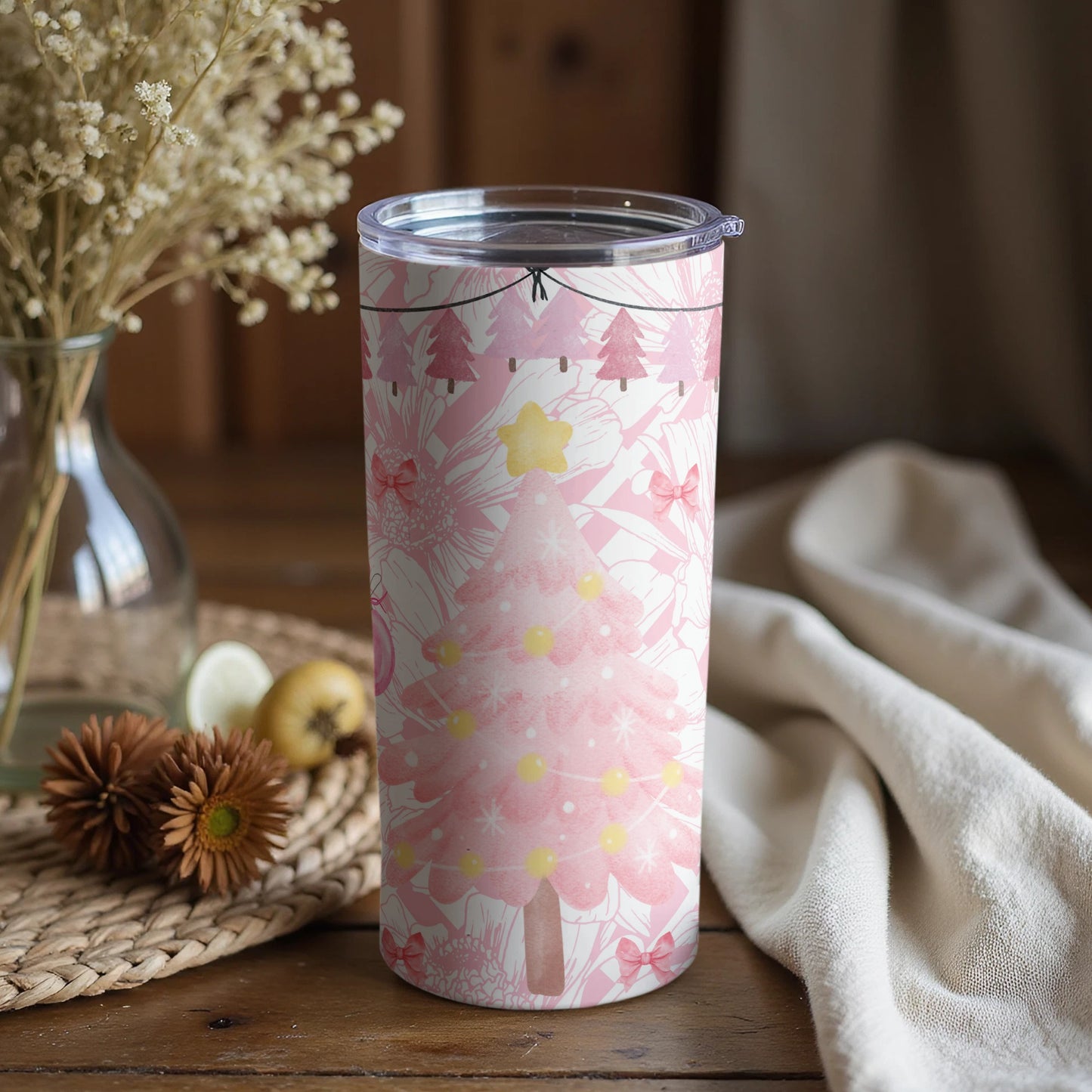 Pink Christmas Tree and Flowers Insulated Tumbler