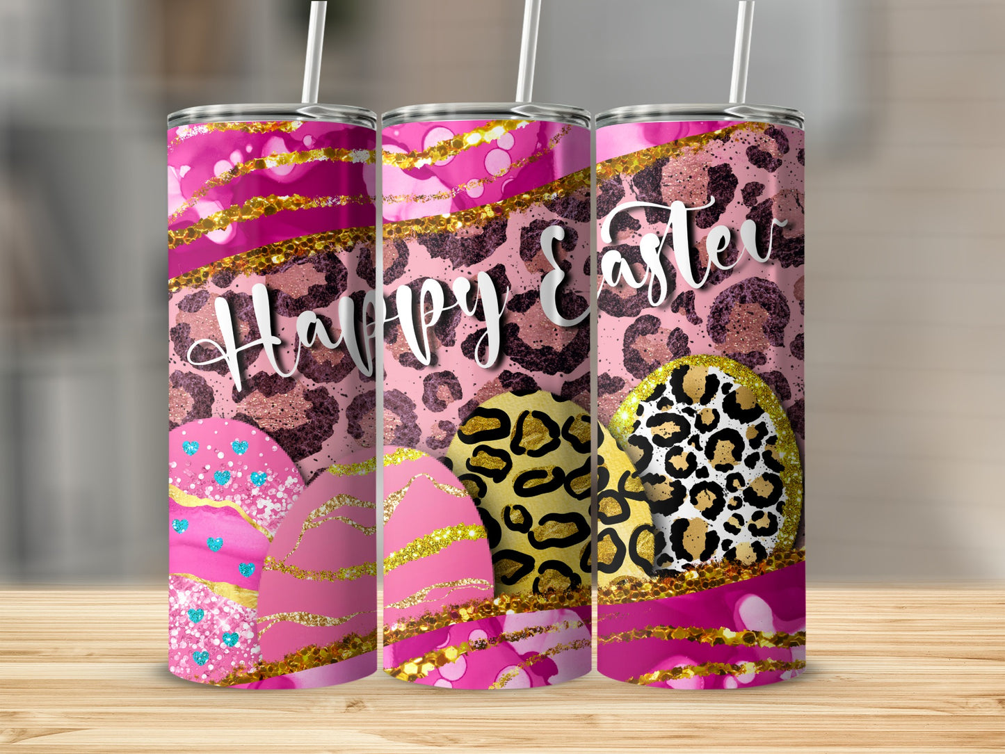Pink tumbler with leopard print and glitter Easter eggs and "Happy Easter" text.
