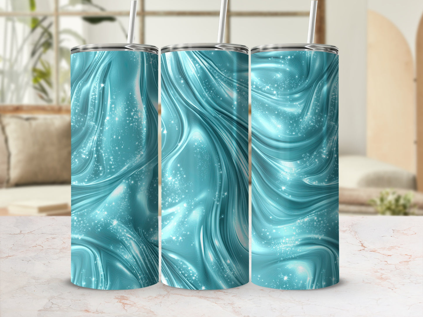 Teal Blue Swirls And Sparks Design Abstract Art Tumblers