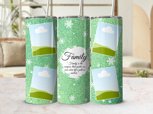 Green glitter tumbler with snowflakes, photo placeholders, and "Family is the compass" quote.