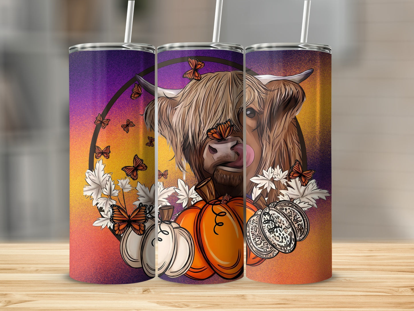 Highland Cow with Butterflies and Pumpkins Tumbler