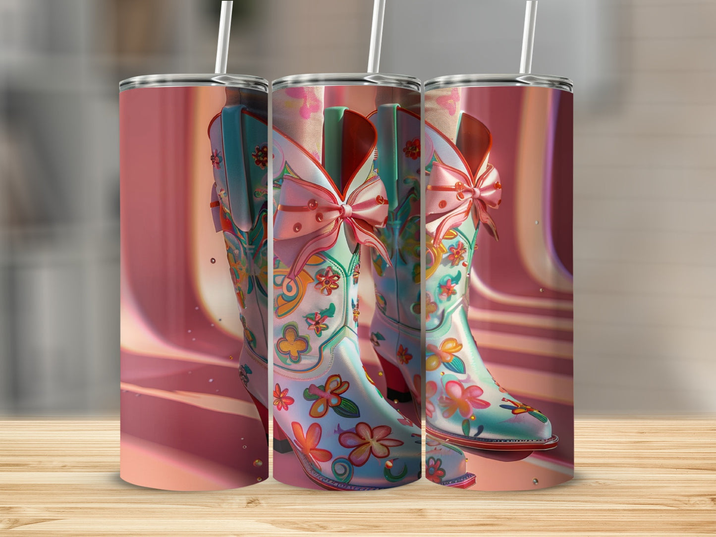 Cowboy boots with colorful floral patterns and pink bows.