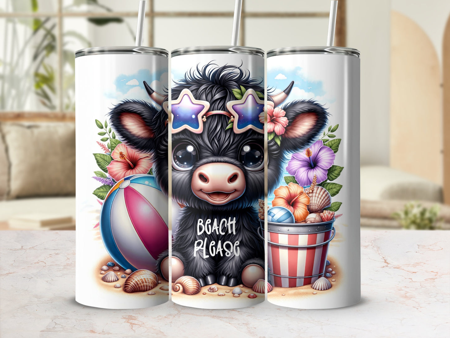 Cute cow with sunglasses and beach items on a tumbler.