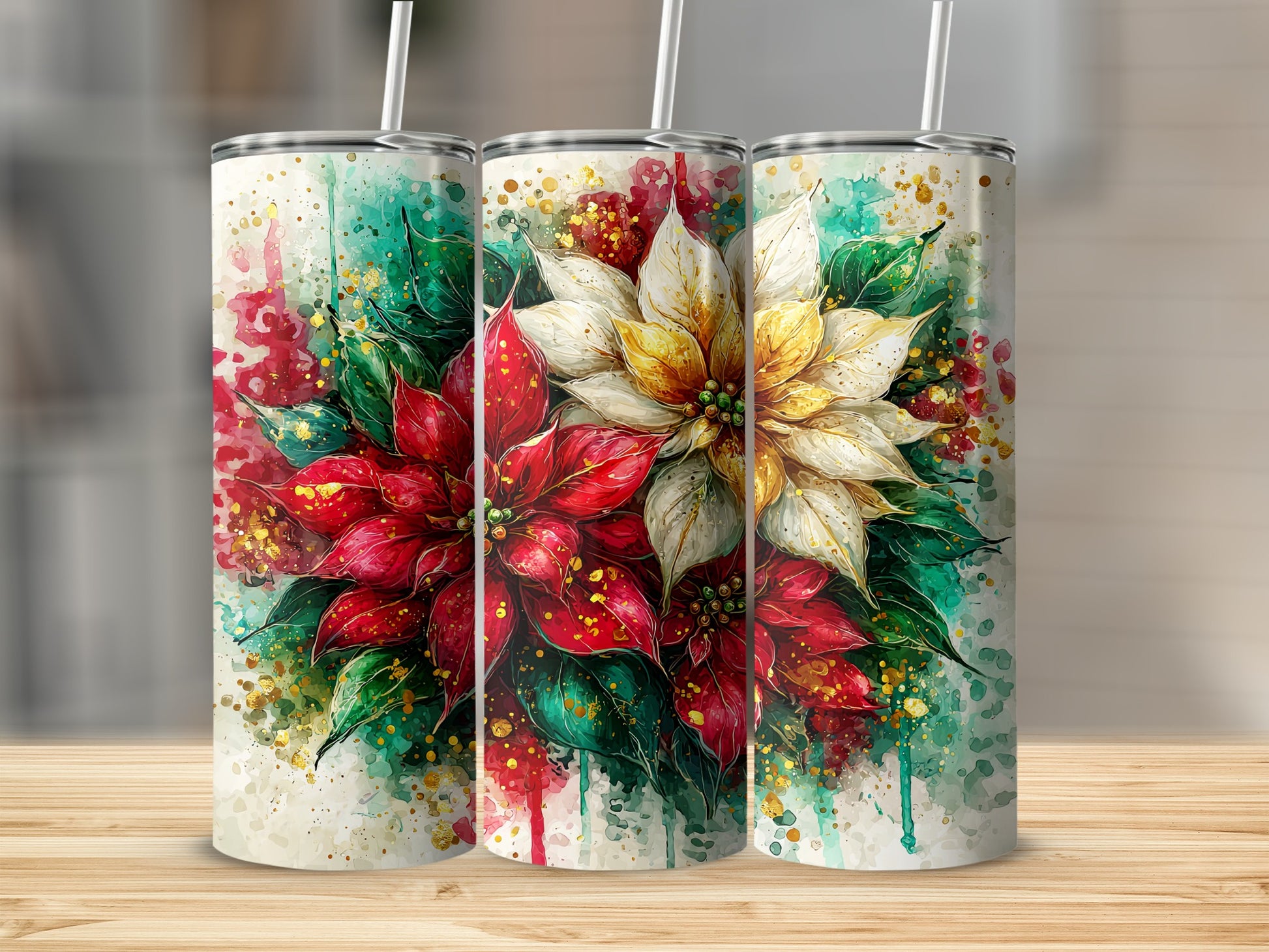 Festive floral themed insulated tumbler holiday drinkware