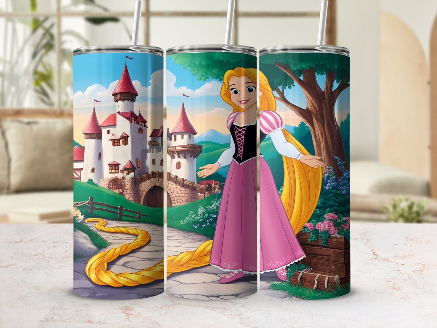 Rapunzel with her long braid and castle in background.