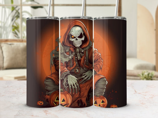 Halloween tumbler with mummy and pumpkins design.