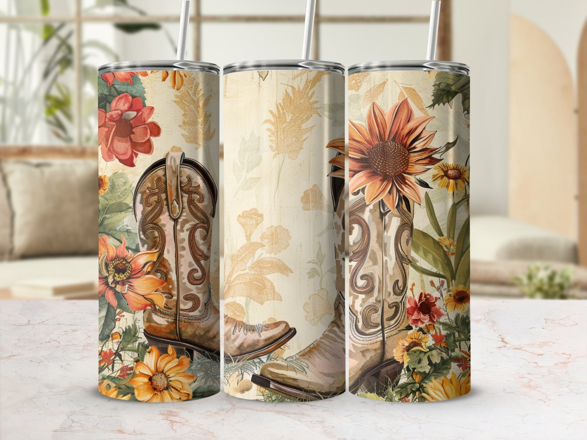 Cowboy boots with sunflowers and floral patterns on a tumbler.
