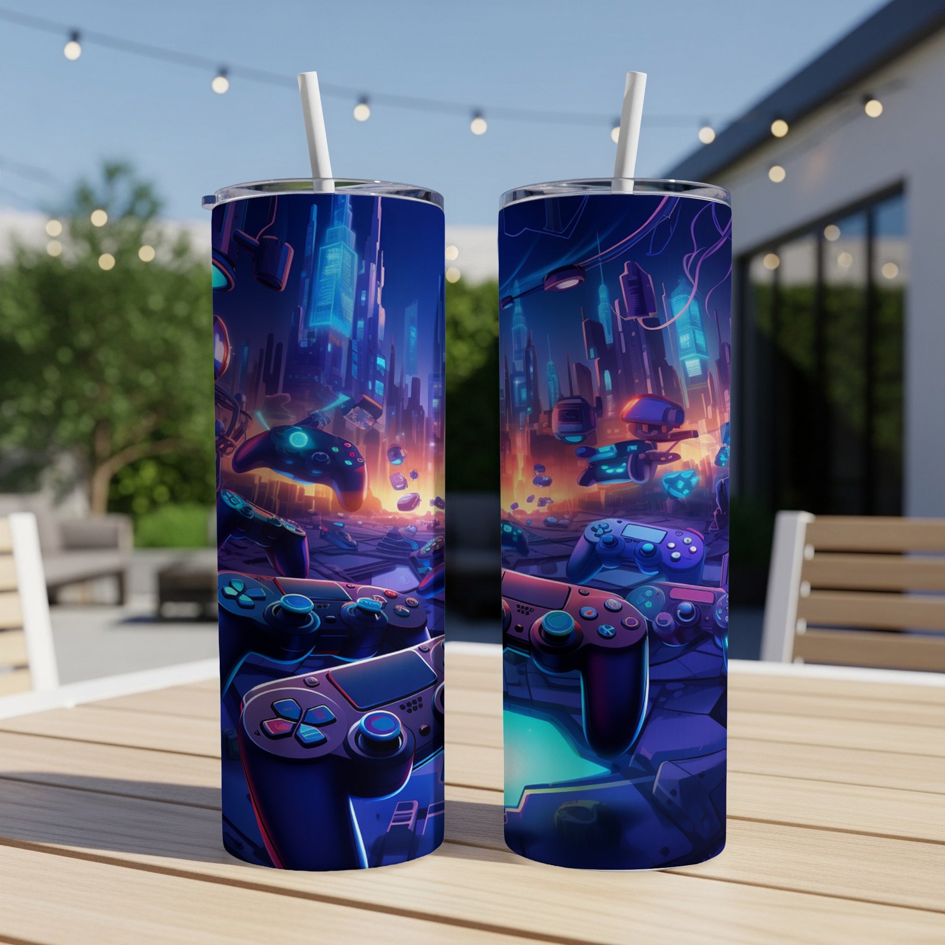 Two tumblers with futuristic city and video game controller graphic.