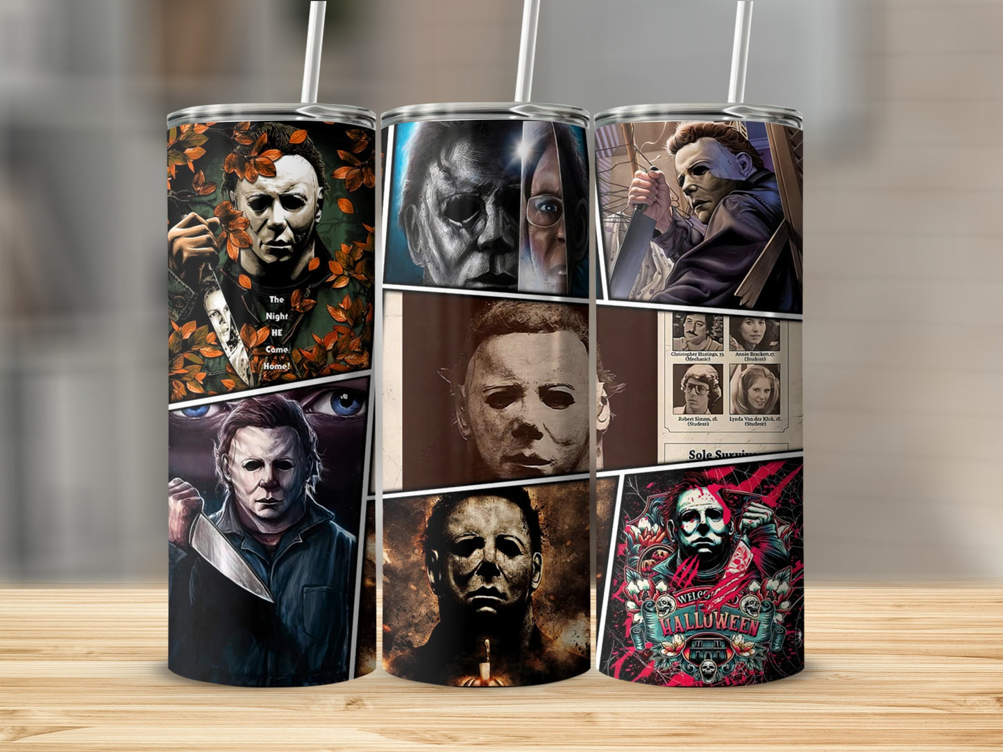 Collage of Michael Myers from Halloween on three tumblers.