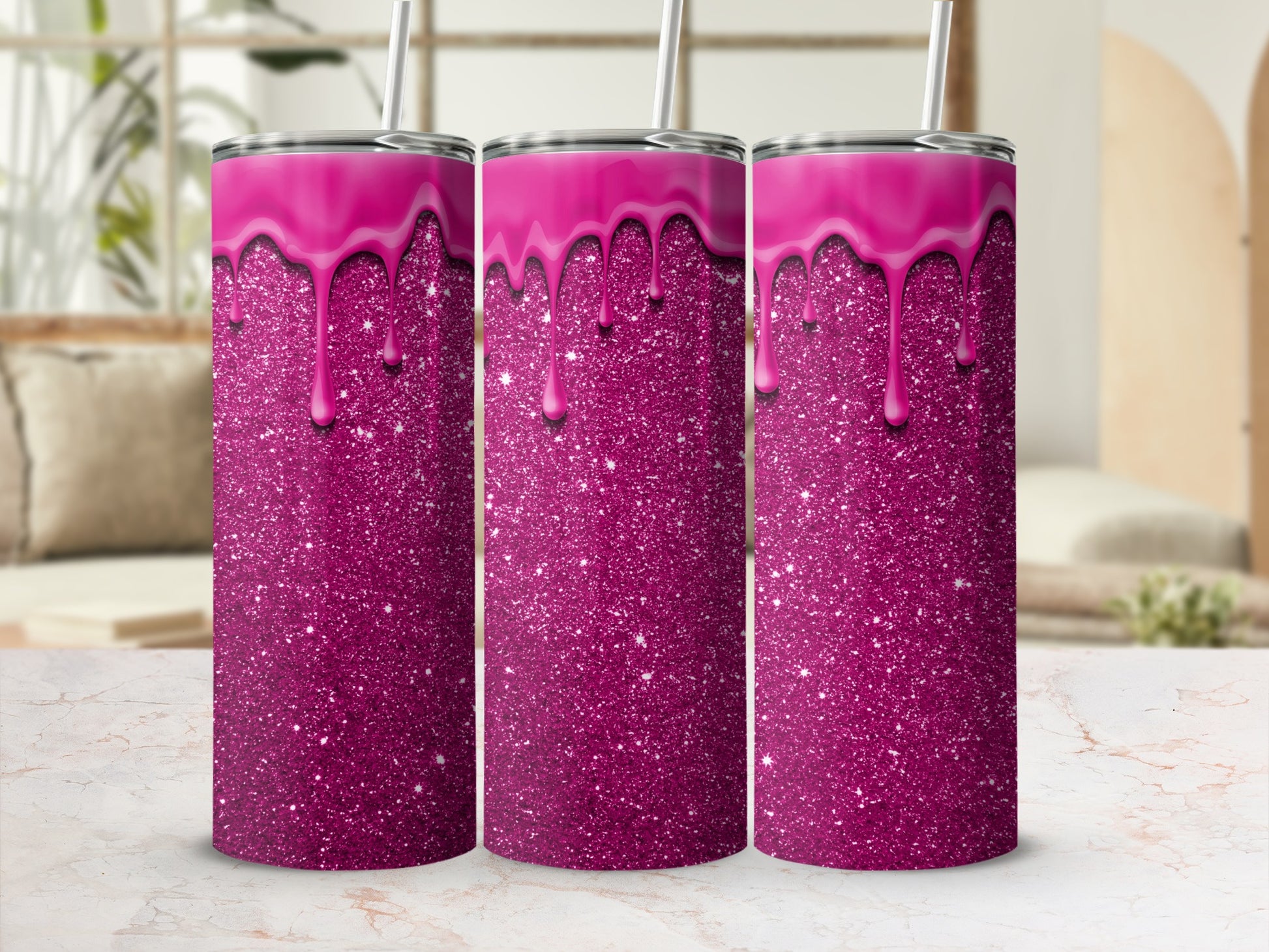 Sparkling Pink Glitter Tumbler With Dripping Design