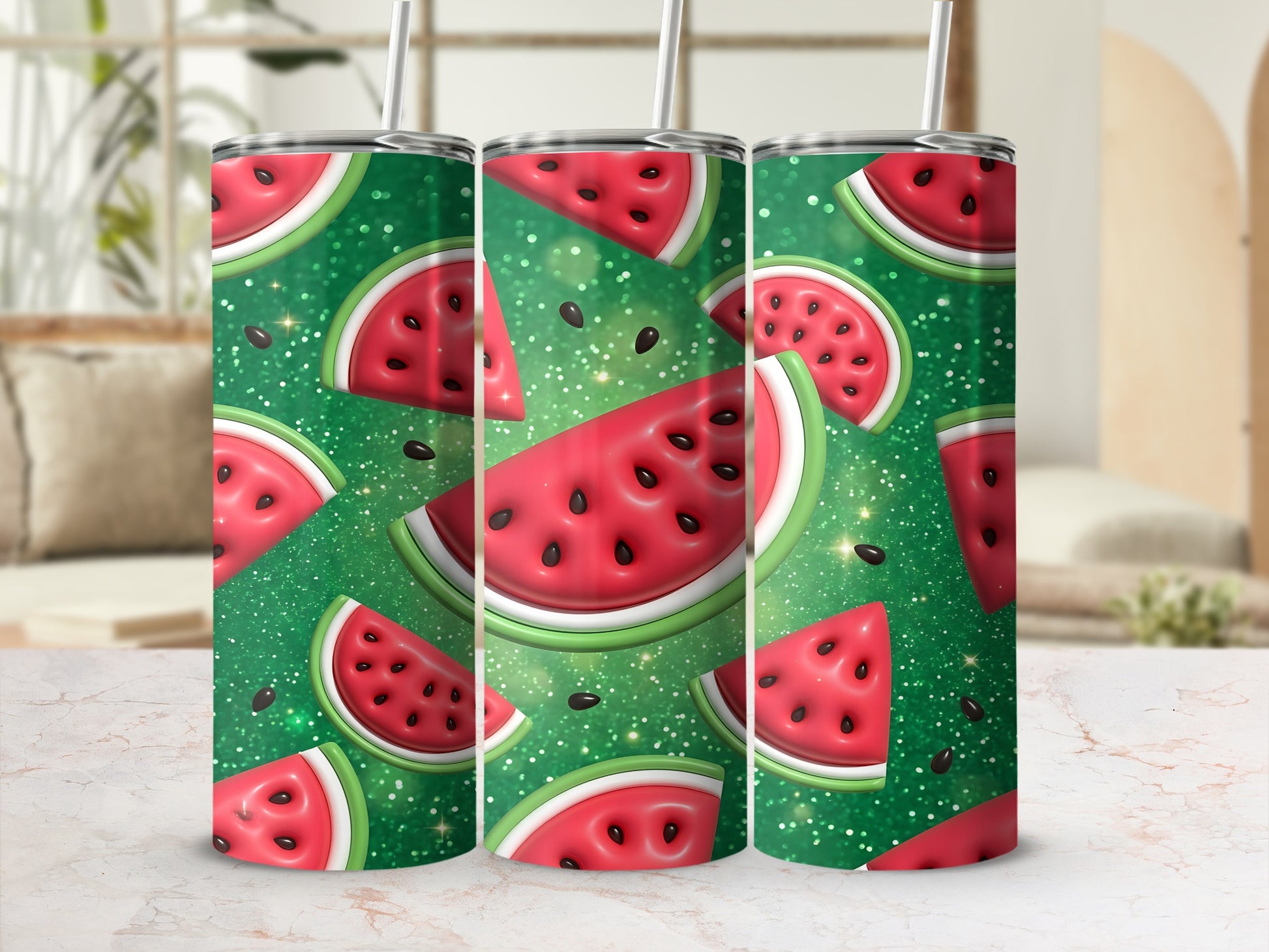 Green tumbler with a watermelon slice and glitter pattern.