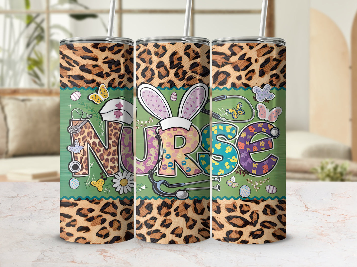 Tumbler with leopard print and "Nurse" text surrounded by butterflies and flowers.