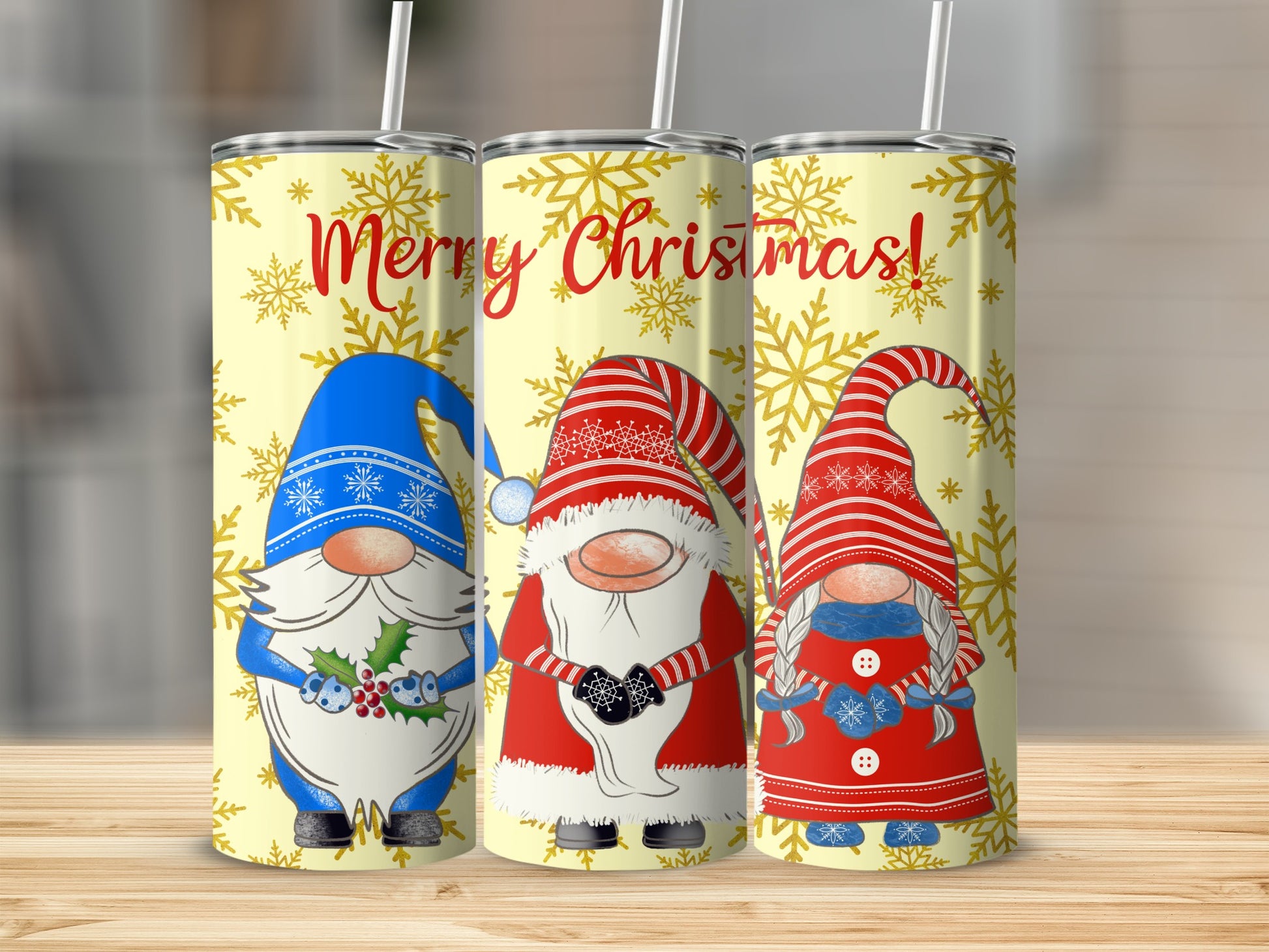 Three Christmas gnomes with snowflakes and "Merry Christmas" text.
