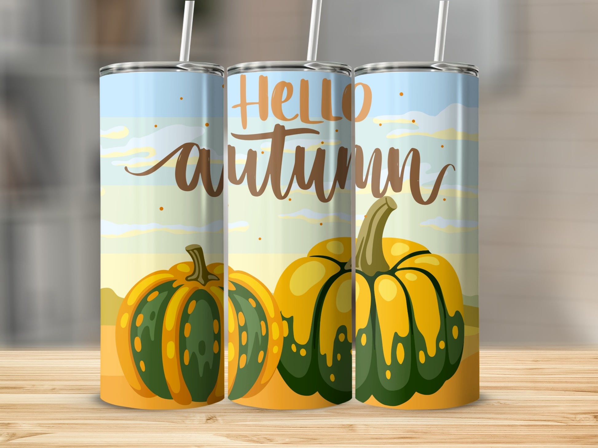 Hello Autumn Pumpkin Design Insulated Tumbler Cup