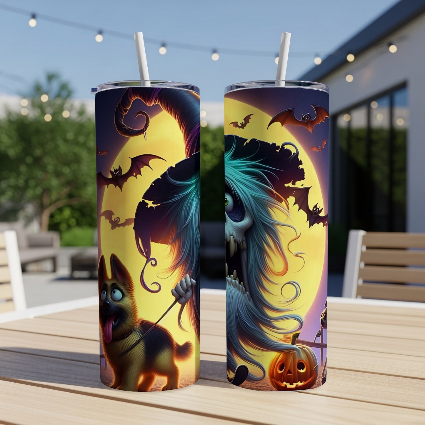Two Halloween tumblers with a witch, dog, bats, and a jack-o'-lantern against a moon.