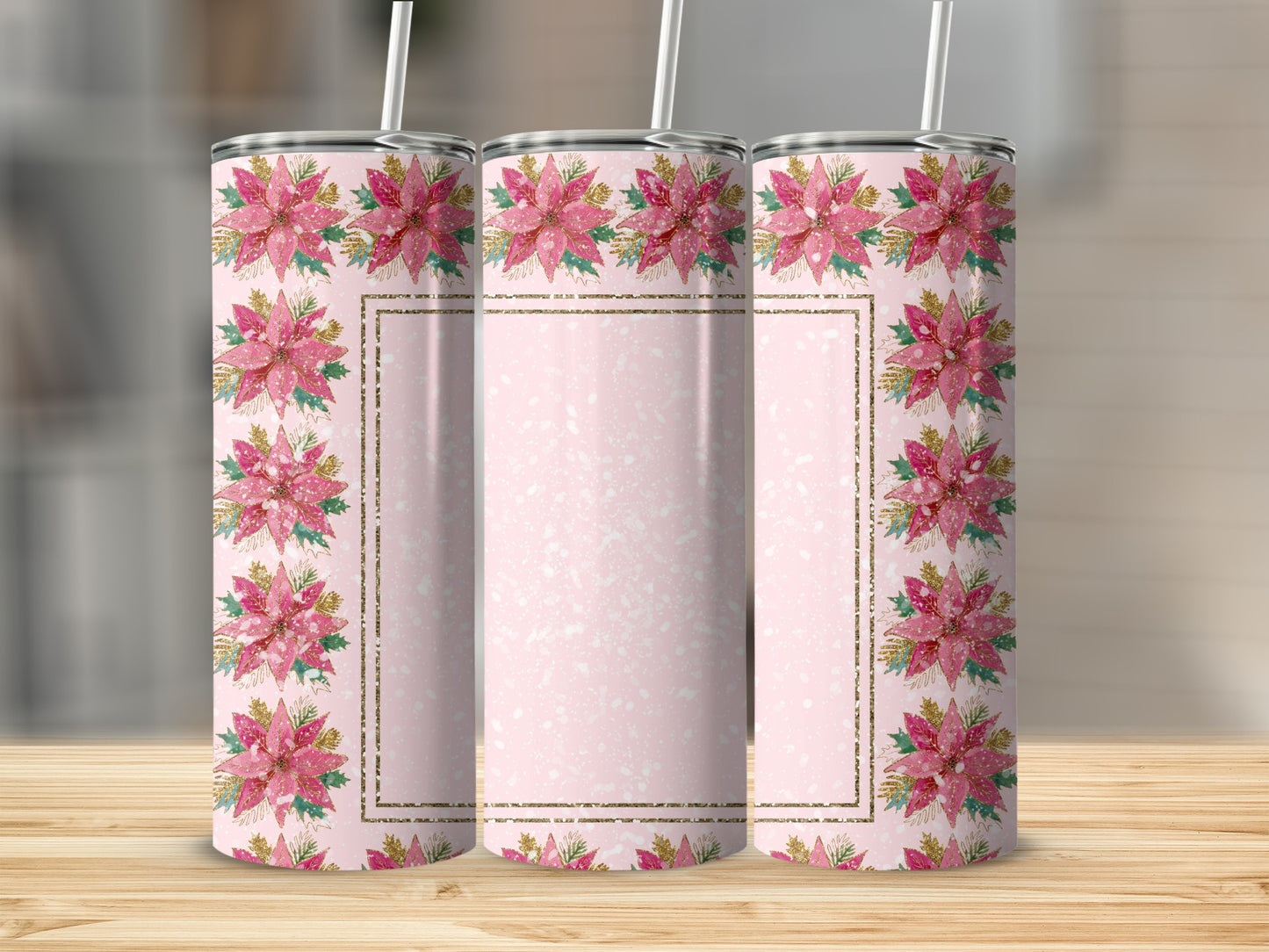 Three pink tumblers with poinsettia and glitter design.