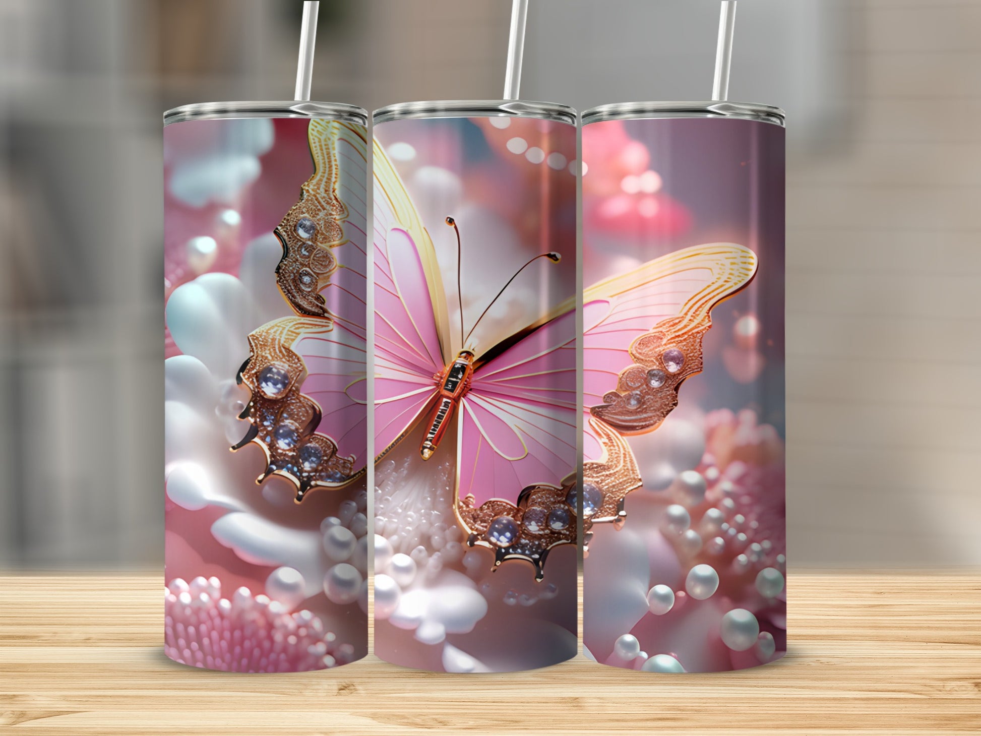 Pink butterfly with gold accents on a floral and pearl background.