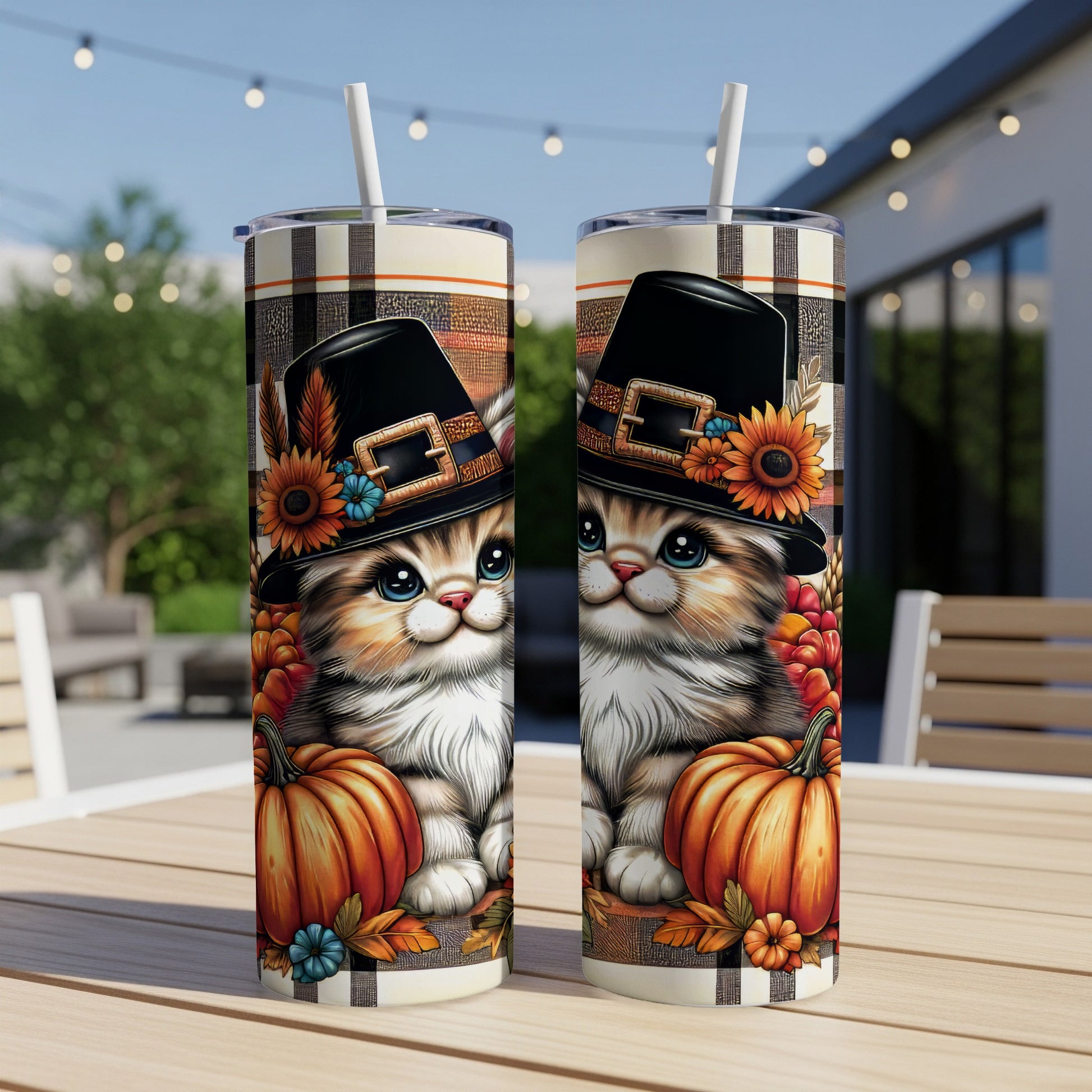 Two Thanksgiving-themed tumblers with kittens in pilgrim hats and pumpkins.