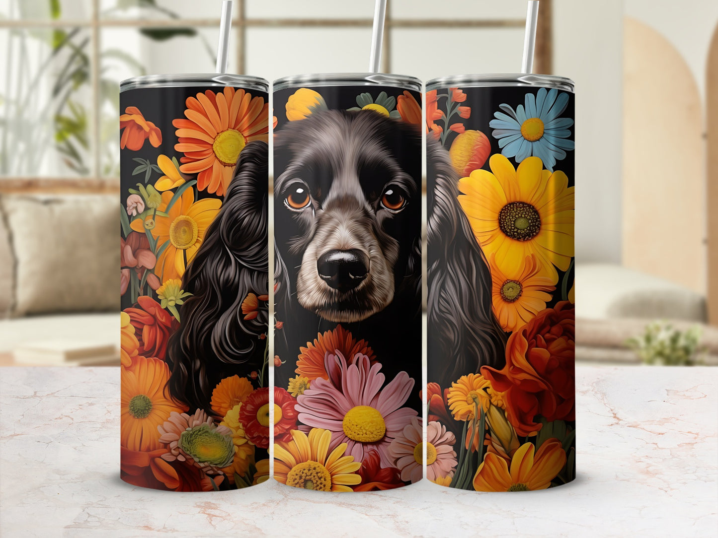 Black dog portrait surrounded by vibrant orange and yellow flowers on a tumbler.