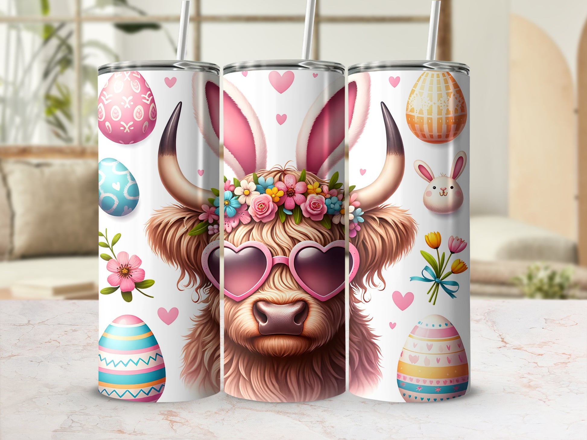 Easter highland cow wearing heart sunglasses and bunny ears, surrounded by decorated eggs.