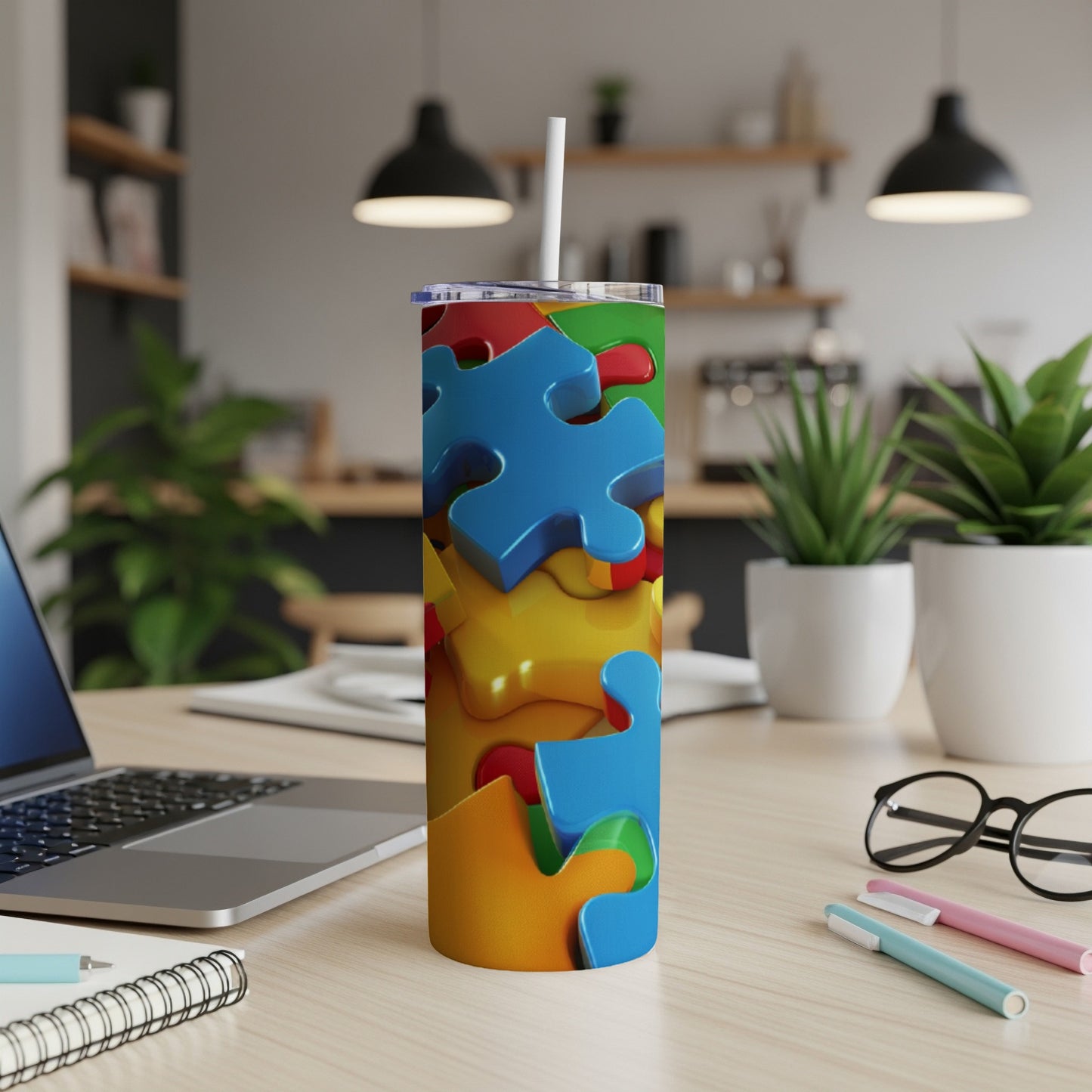 Multicolor puzzle pieces adorn a white tumbler with a straw on a desk.