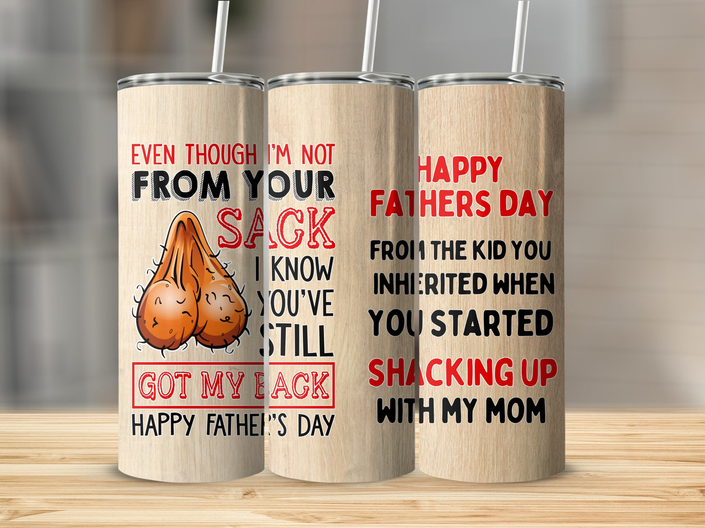 Tumblers with Father's Day humor text and a graphic of testicles.