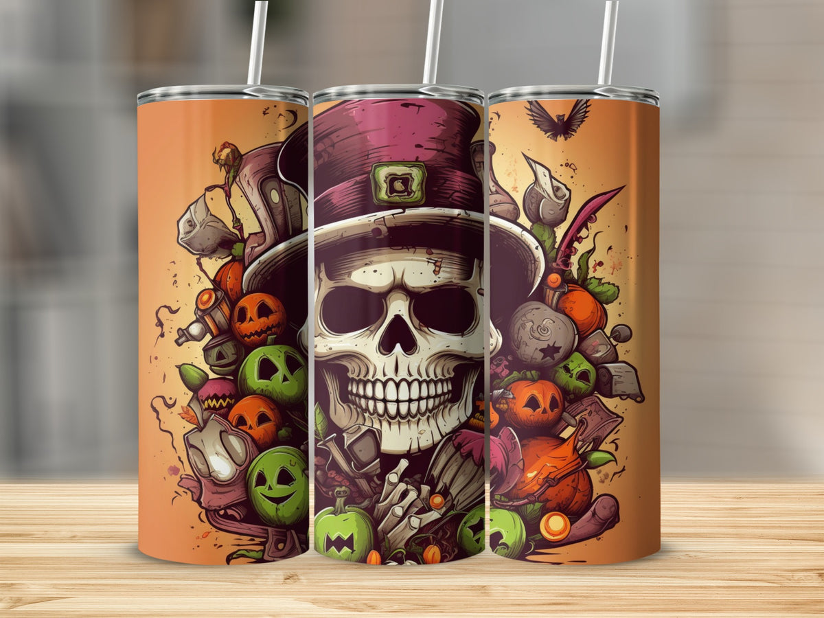Halloween themed tumbler with a skull wearing a hat and surrounded by pumpkins and spooky elements.