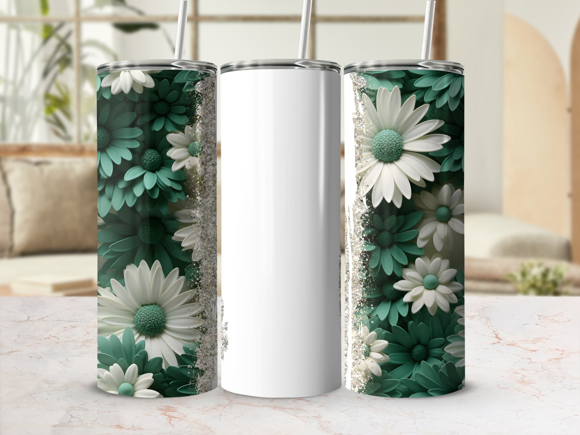 White tumbler with green and white floral pattern and glitter accents.