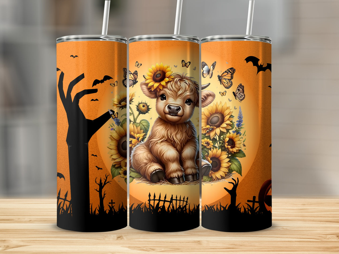 Cute Highland Calf Sunflowers Halloween Themed Tumbler