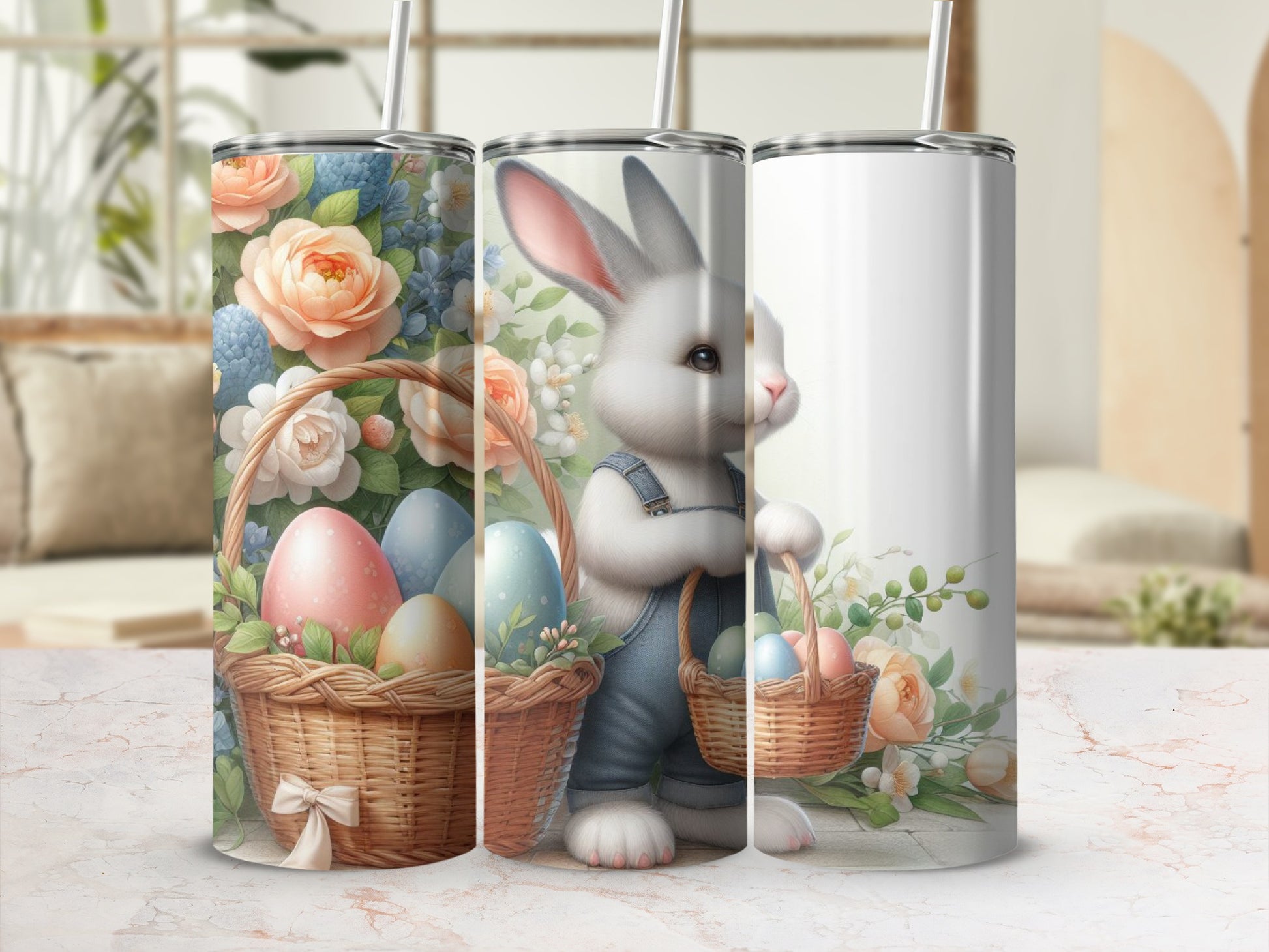 Easter bunny holding basket of colorful eggs and flowers on a tumbler.