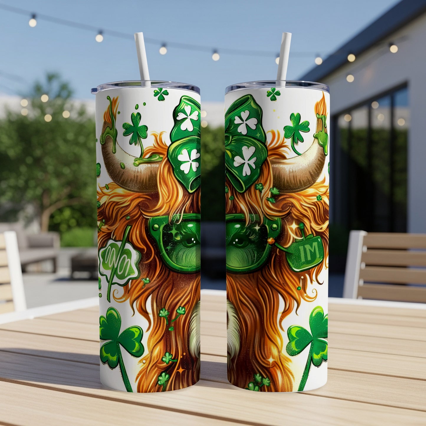 Highland cow with clover and sunglasses, "Lucky" and "IM" text.