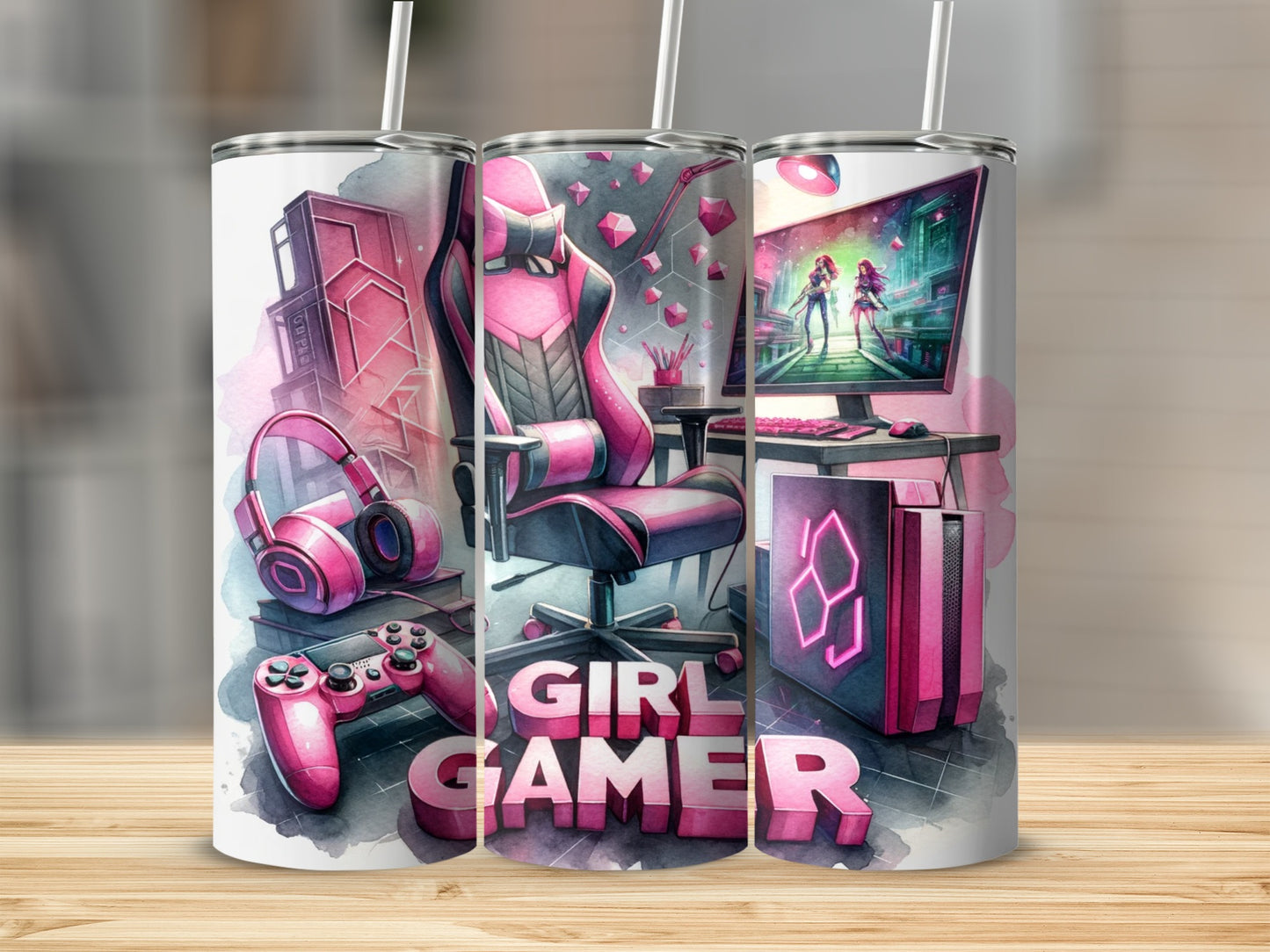 Pink gaming setup with "GIRL GAMER" text and watercolor accents.