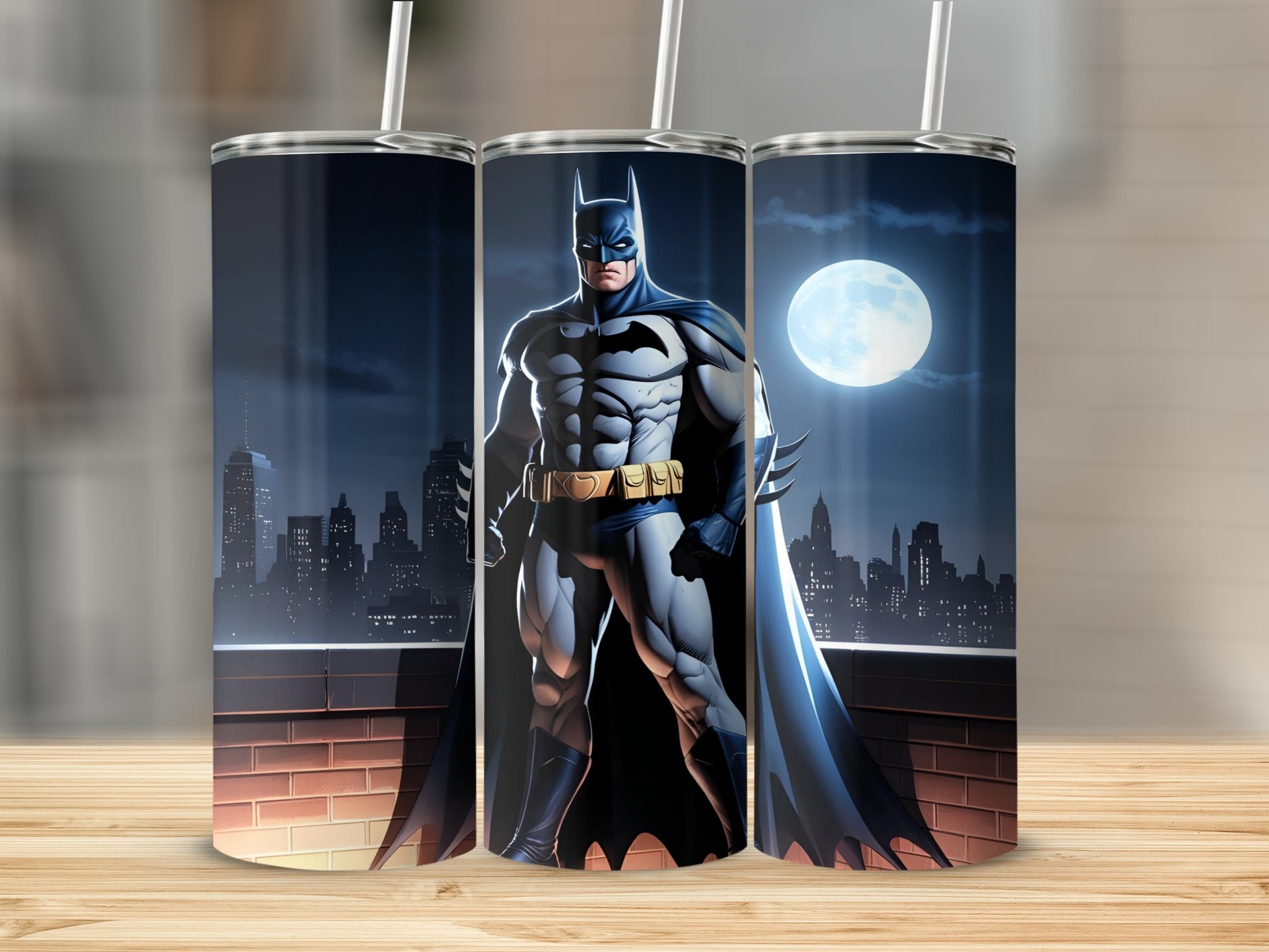 Batman standing on a rooftop with a city skyline and full moon background.