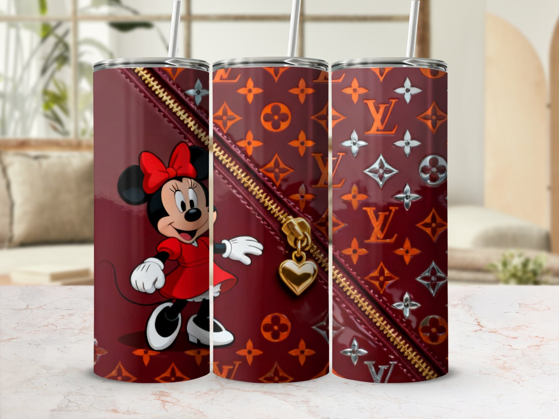 Minnie Mouse on a red tumbler with Louis Vuitton-inspired monogram pattern.