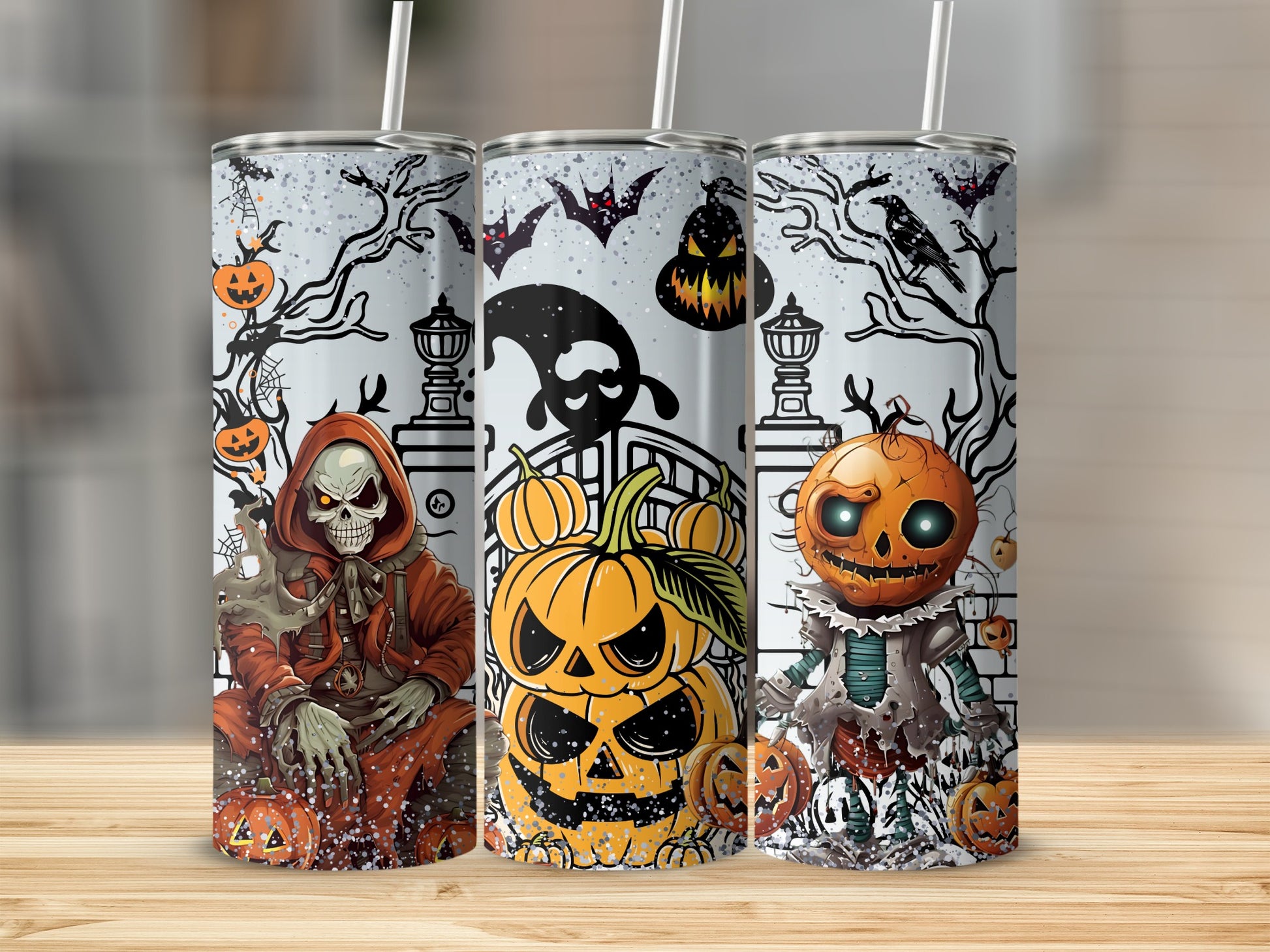 Halloween Themed Tumbler with Spooky Pumpkin Designs