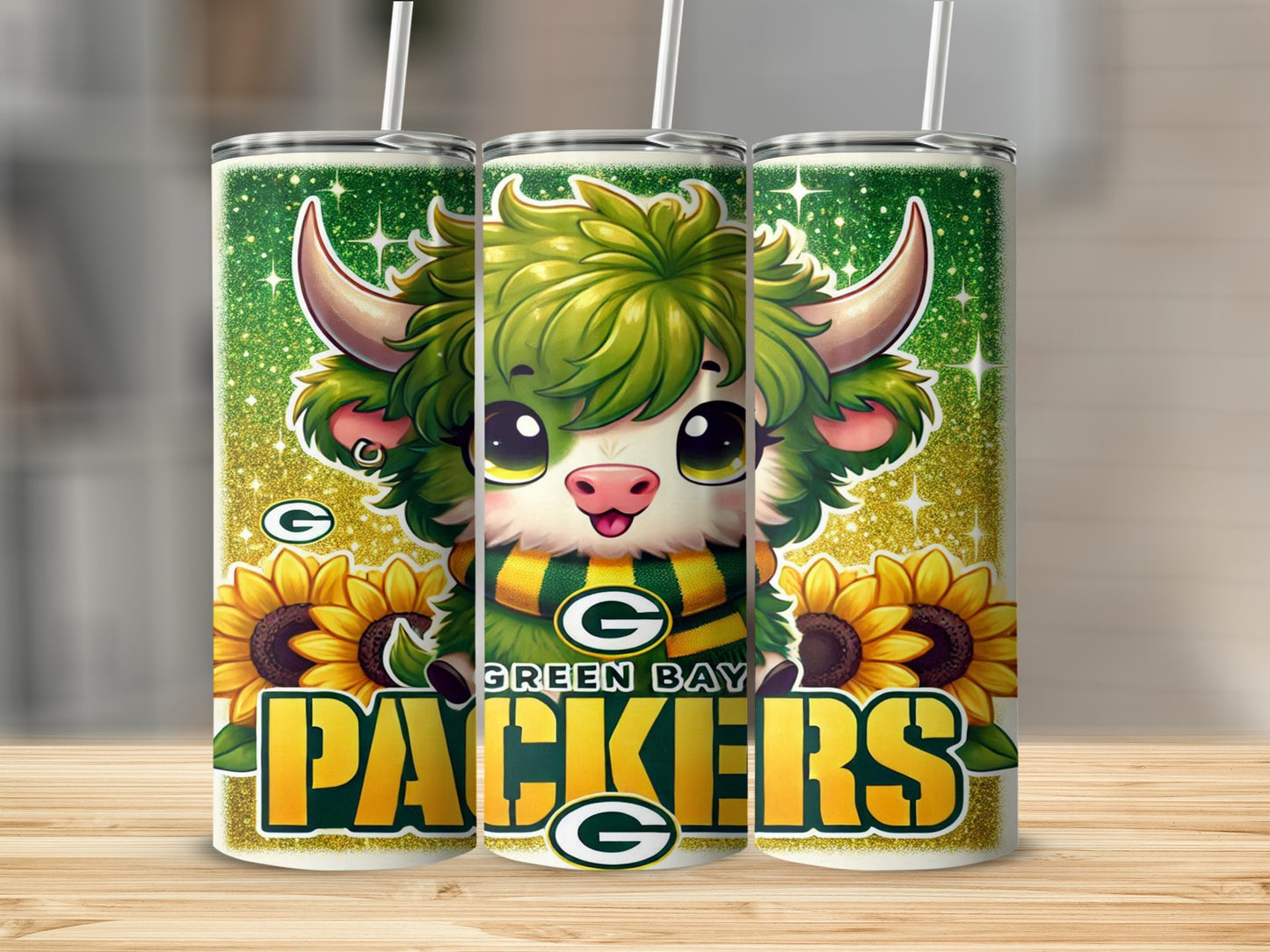 Green Bay Packers fuzzy character with sunflowers and glitter on a tumbler.