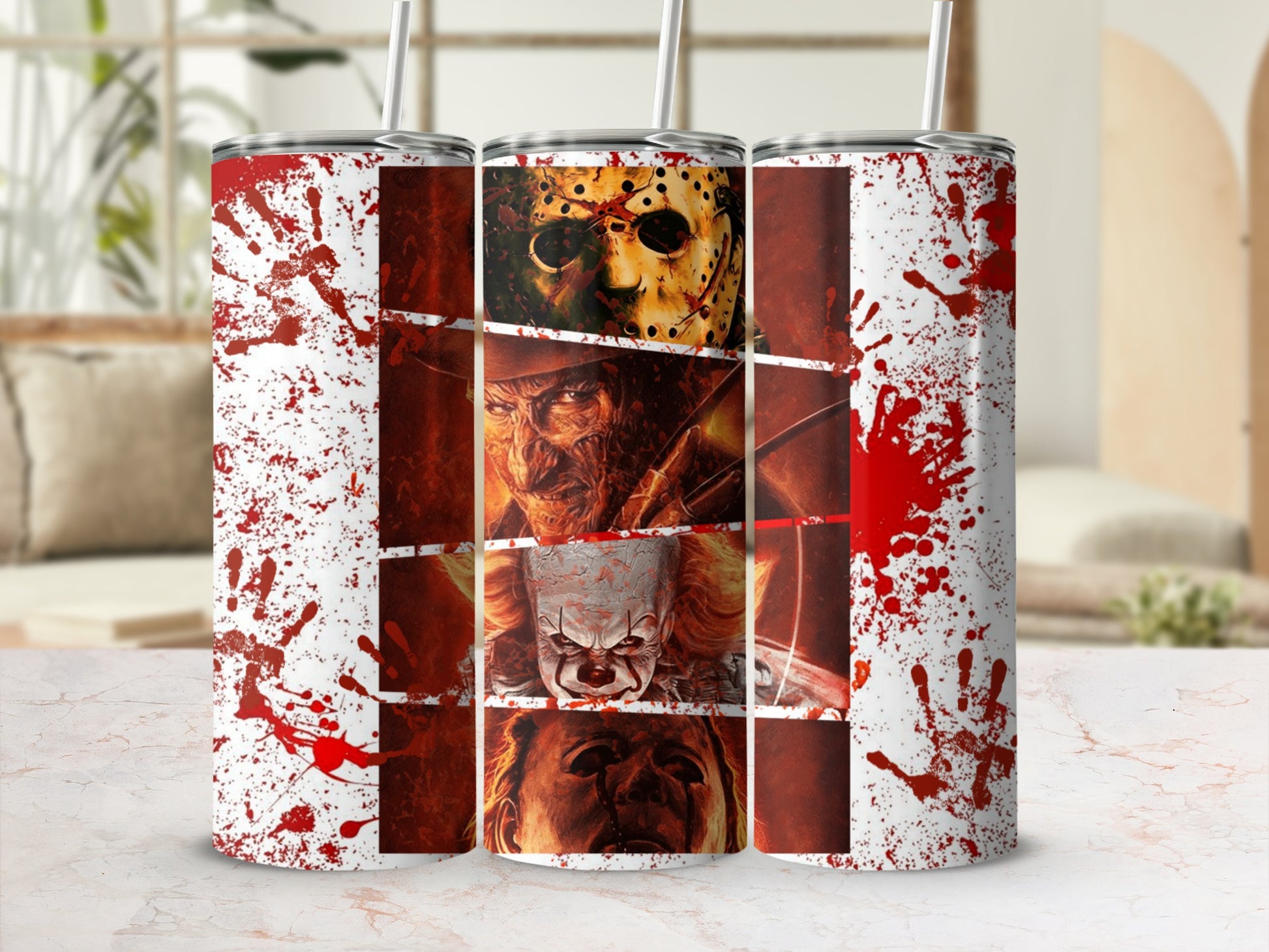 Tumblers with horror characters Jason, Freddy, Pennywise, and Michael Myers, on a bloody background.