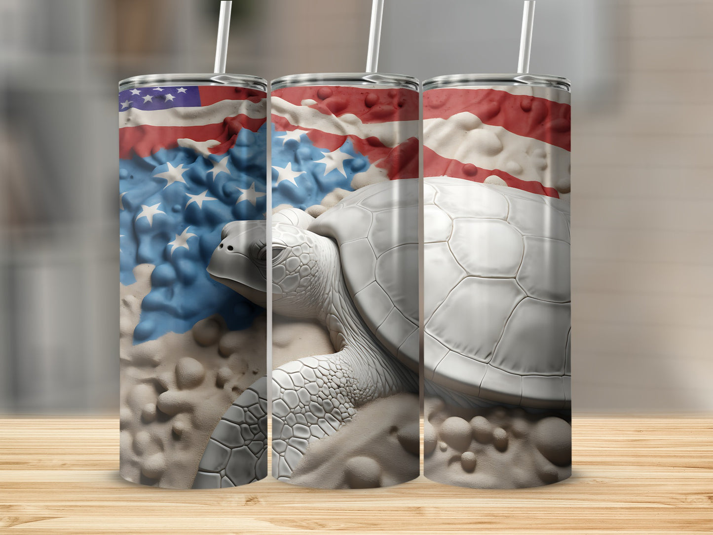 Three tumblers featuring a white turtle on a beach with an American flag.