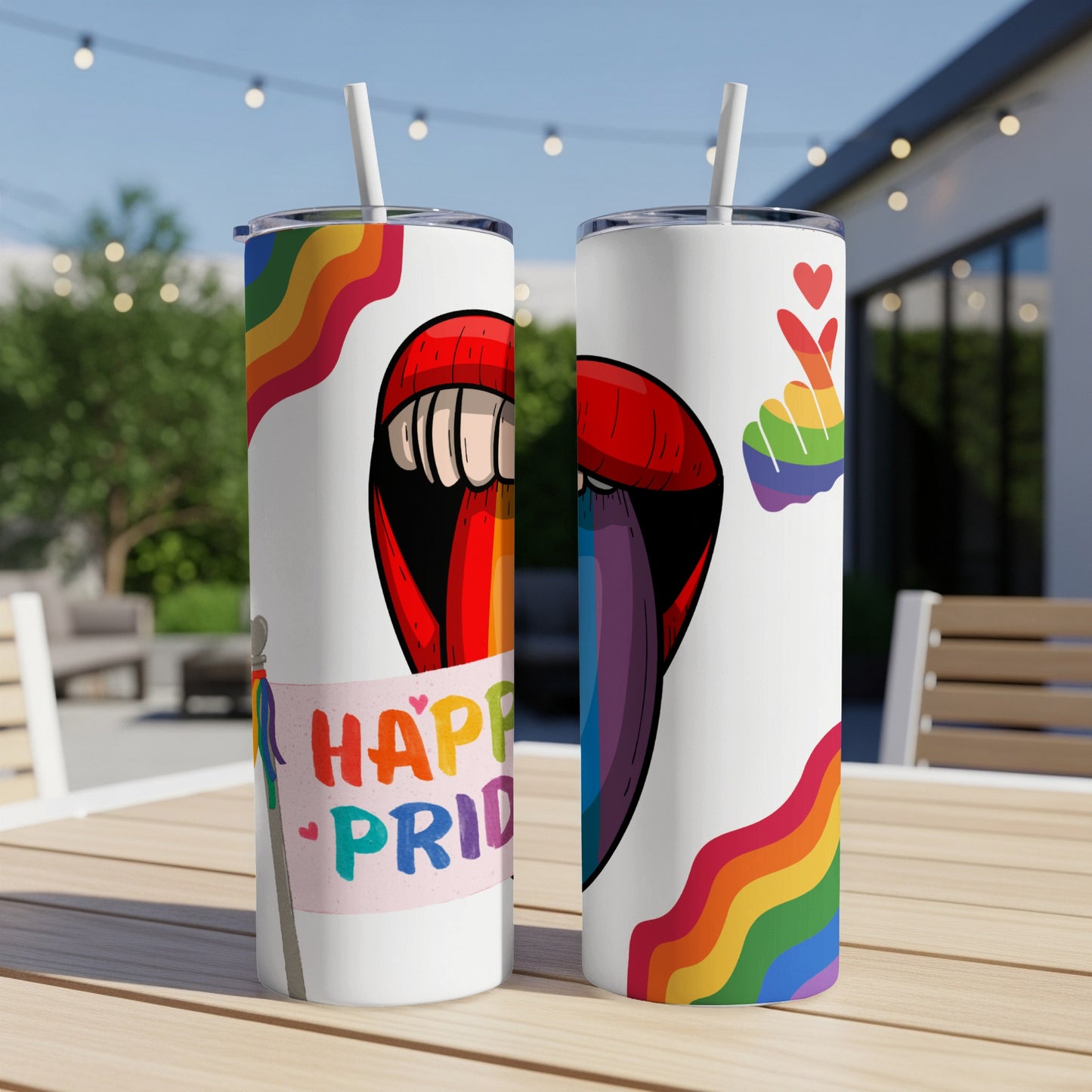 Two Pride-themed tumblers with rainbow hearts, lips, and "Happy Pride" text.